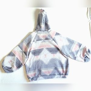 Hooded Half Zip Drop Shoulder Pink Gray Aztec Pullover Jacket Sweater
